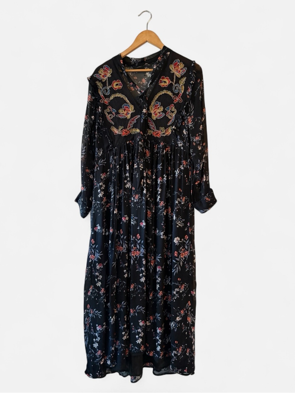 Zara Black Floral Long Sleeve Maxi Dress -Size Large Boho Romantic Dark Floral - Picture 2 of 10